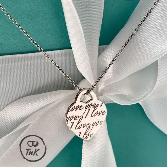 Tiffany & Co Retired Notes Collection Silver I Love You Script Heart Pendant 18” - Picture 3 of 16